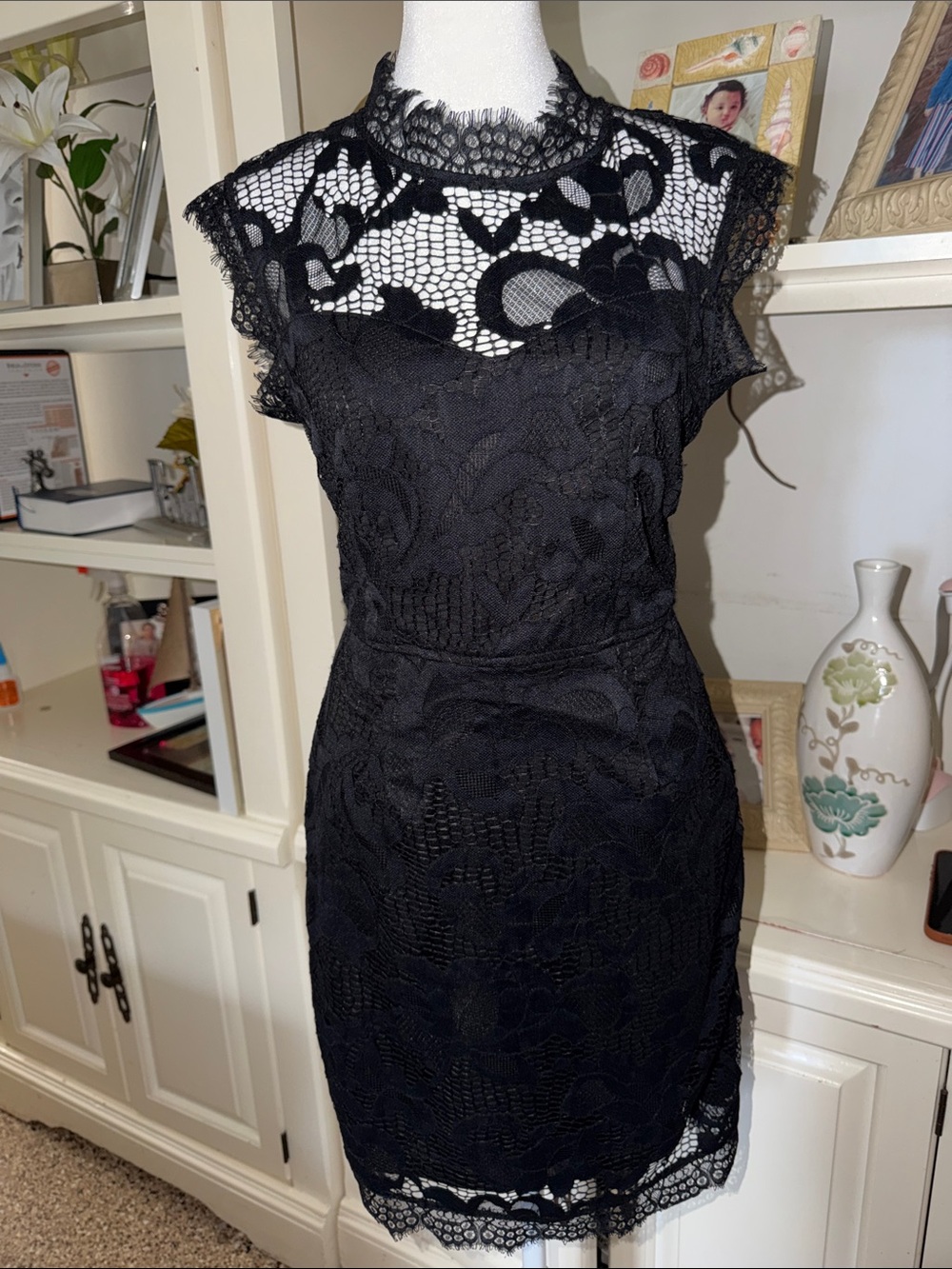 Sans Souci Black Lace Mini Dress with High Lace Neckline